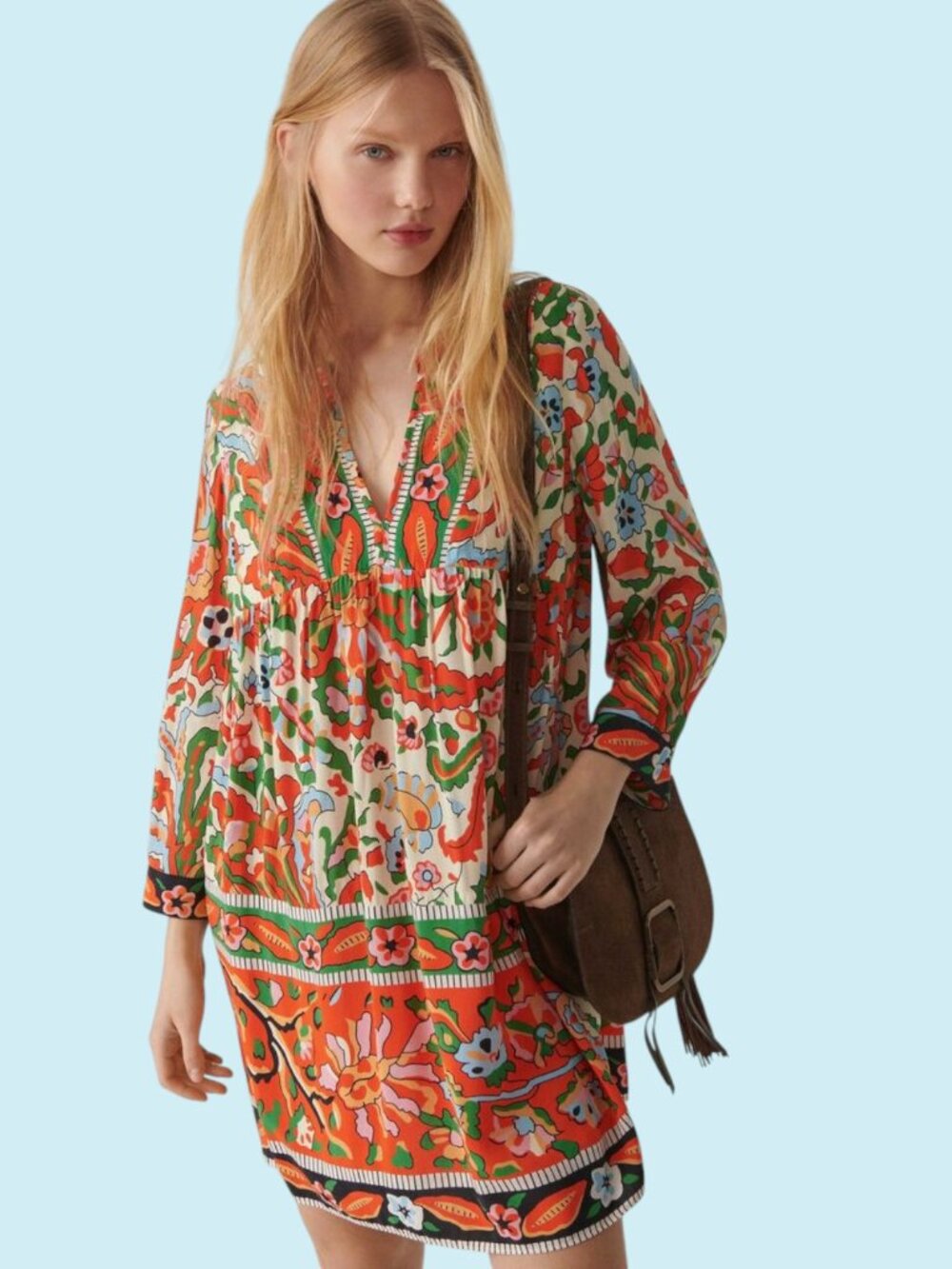BA&SH Multi print Maureen Mini Dress Size Medium Orange Floral Flowy Boho Chic